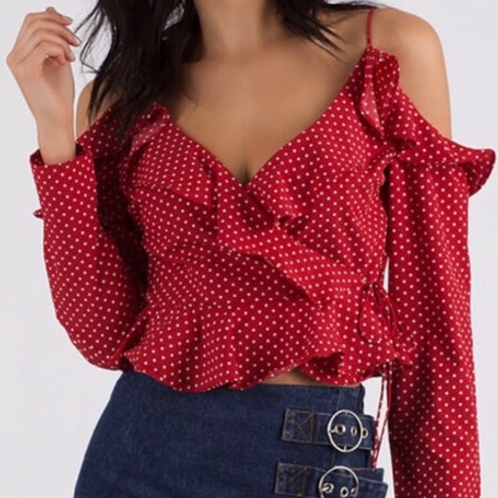 Dot The Eyes Ruffled Cold-Shoulder Top - Picture 1 of 8